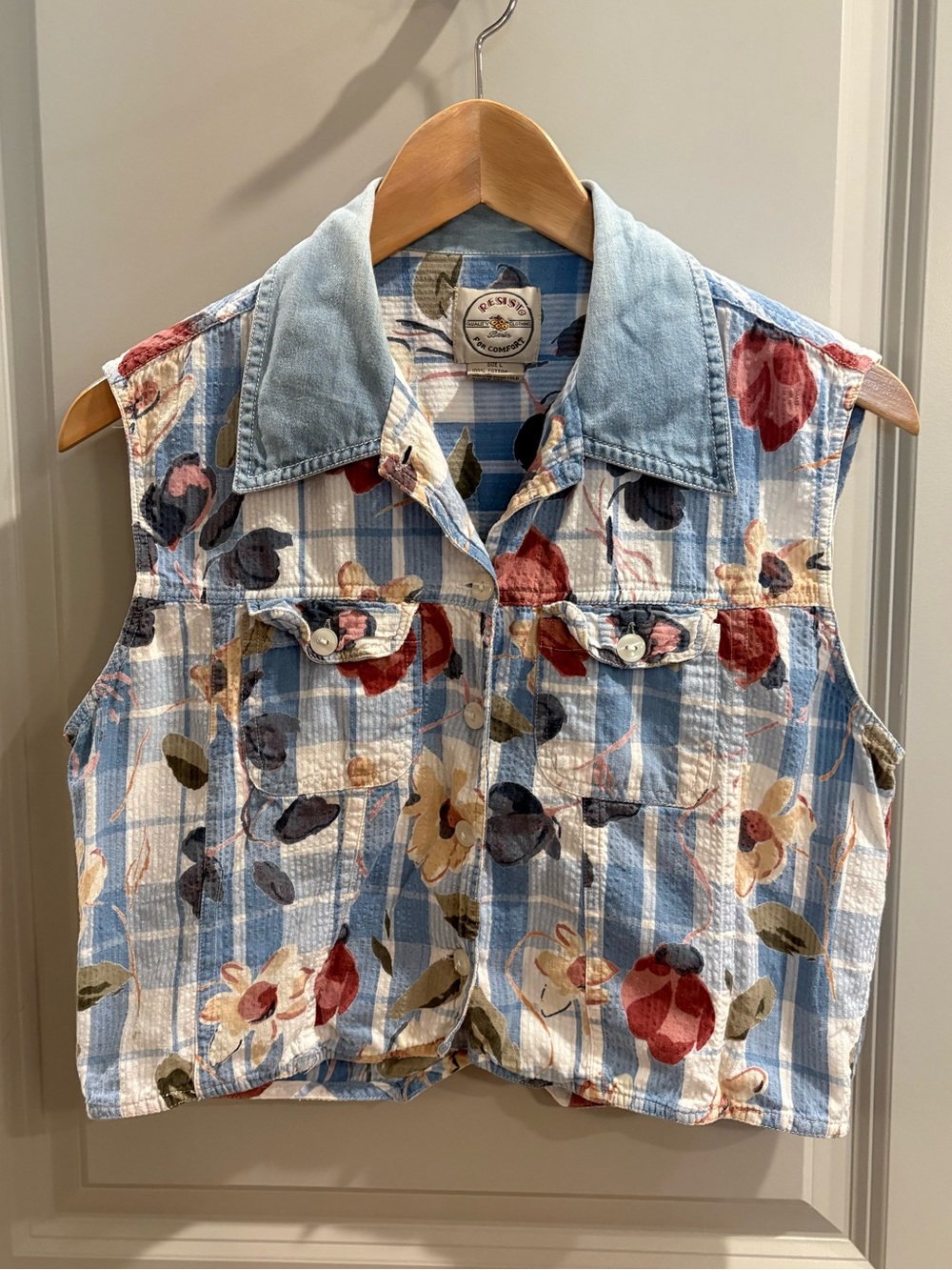 Vintage 90s Cropped Gingham Floral Patchwork Vest Retro Denim Women’s L